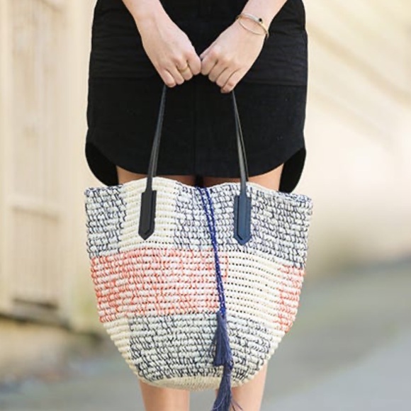 J. Crew Striped Straw Woven Market Bag Good Condition - Picture 1 of 12